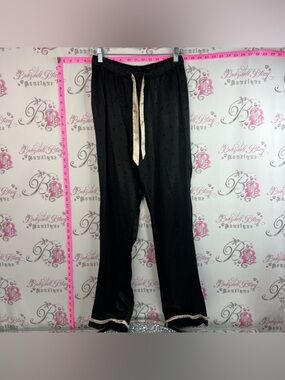 Victoria's Secret shiny pants bottoms Black Satin Pajama Pants dotted Cream Trim